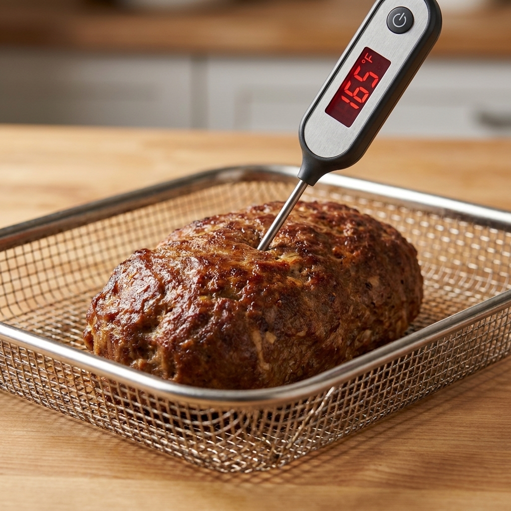 An instant-read thermometer inserted into the center of a meatloaf in an air fryer basket, showing a safe internal temperature