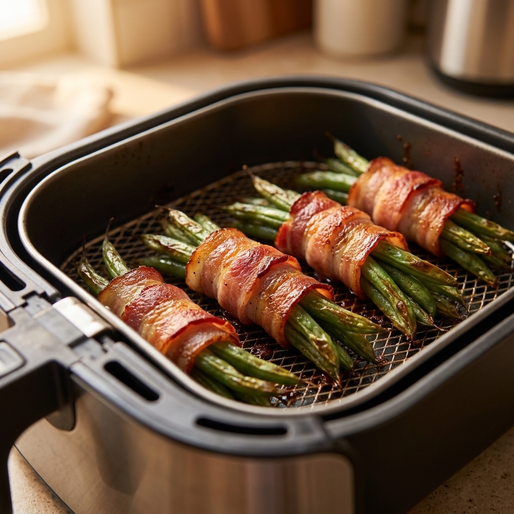 Bacon-wrapped bundles of green beans browned and crisp in an air fryer basket