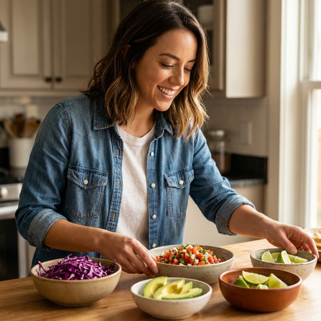 Bowls of taco toppings including shredded cabbage, pico de gallo, sliced avocado, and lime wedges on a countertop
