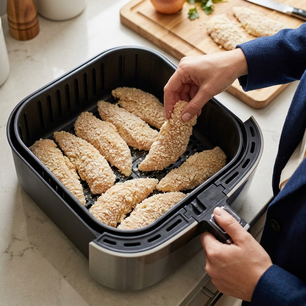 Breaded chicken tenders arranged in a single layer in an air fryer basket before cooking