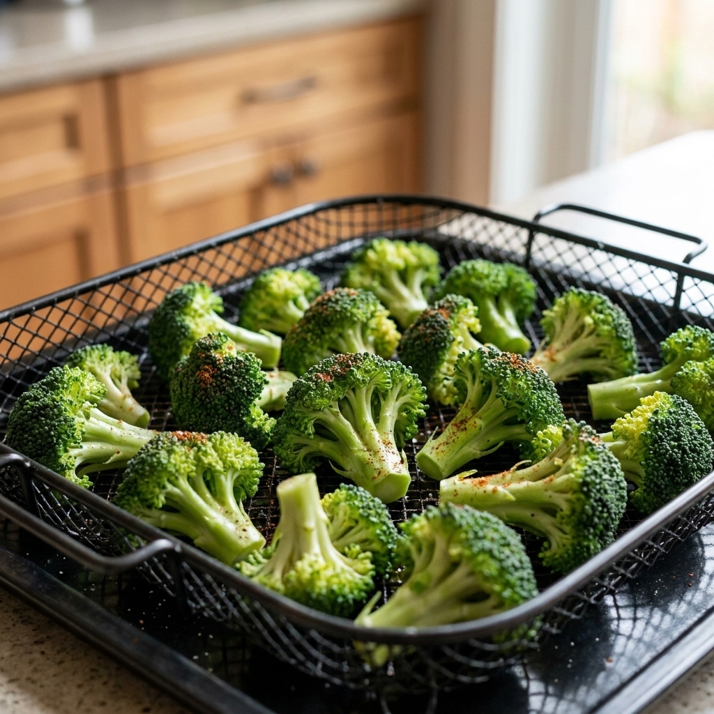 Broccoli florets lightly coated in oil and seasoning arranged in a single layer in an air fryer basket before cooking