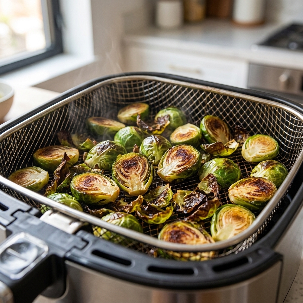 Brussels sprouts spread in an air fryer basket, showing browned cut sides and crispy loose leaves mid-cook