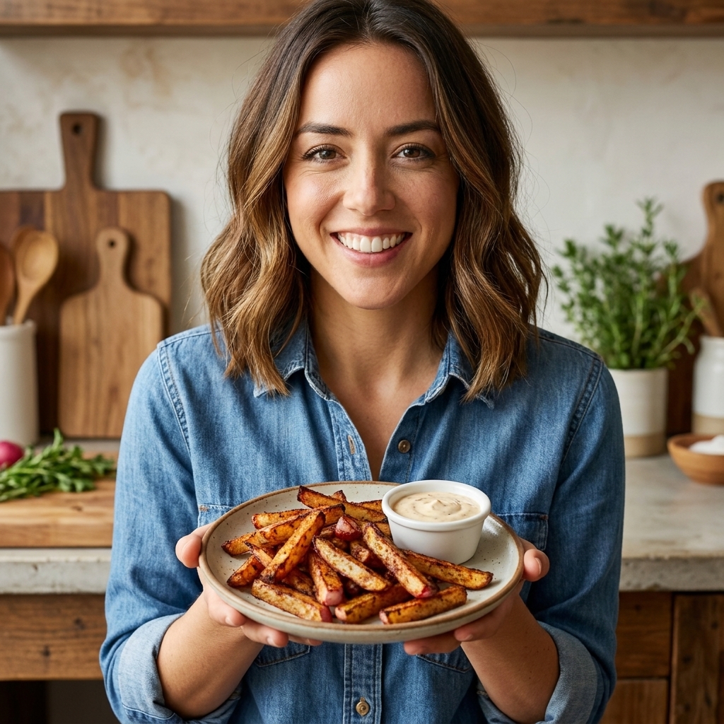 Cajun-seasoned radish fries with browned edges served with a dipping sauce cup