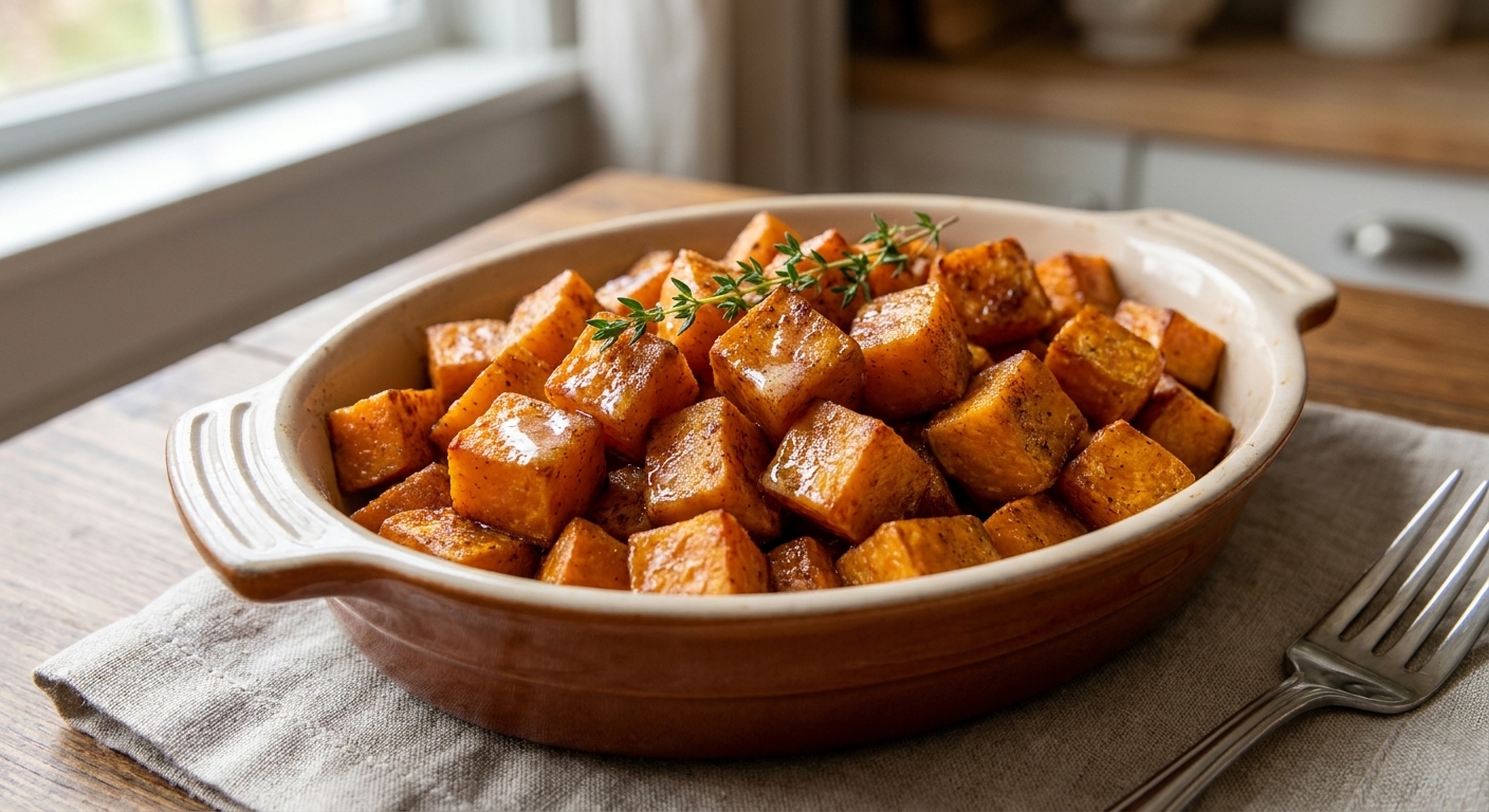 Caramelized sweet potato cubes in a serving dish with melted cinnamon butter glistening on top