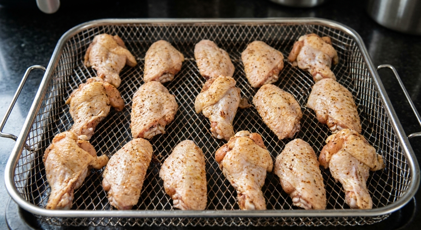 Chicken wings spaced out in a single layer in an air fryer basket, showing clear gaps for airflow around each piece