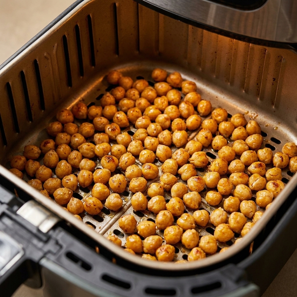 Chickpeas cooking in a single layer inside an air fryer basket, lightly browned mid-roast