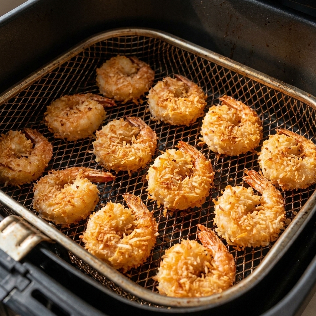 Coconut breaded shrimp arranged in a single layer inside an air fryer basket, with visible space between each piece for airflow