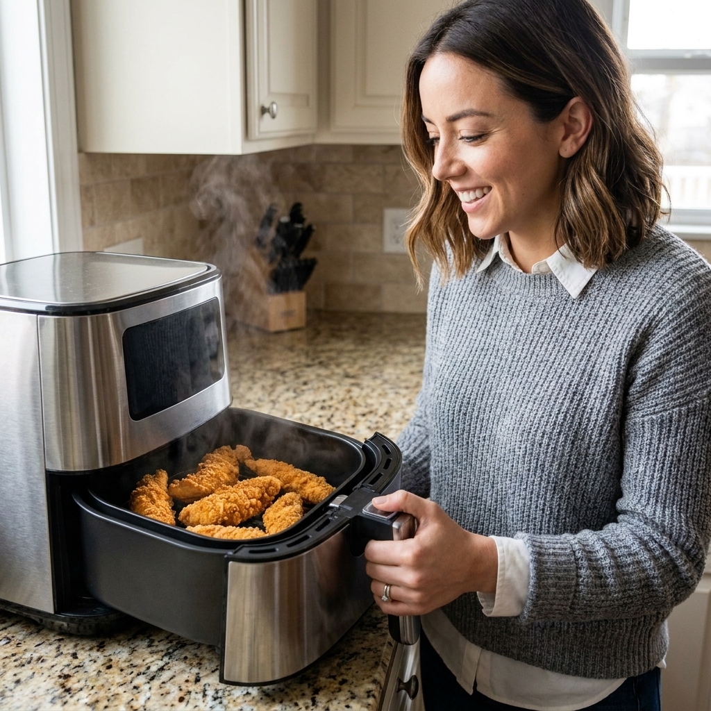 Cooked chicken tenders warming in an air fryer basket, breading looking crisp and evenly browned
