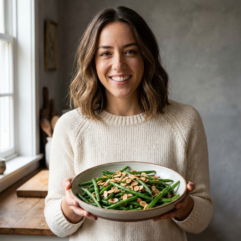 Crisp-tender green beans tossed with toasted sliced almonds in a shallow serving bowl