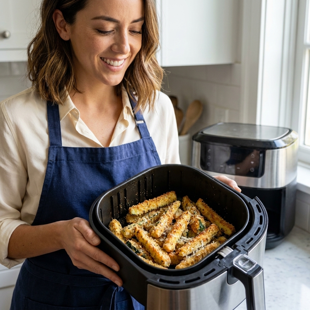 Crispy breaded zucchini fries in an air fryer basket, browned and crunchy with visible Parmesan bits in the coating