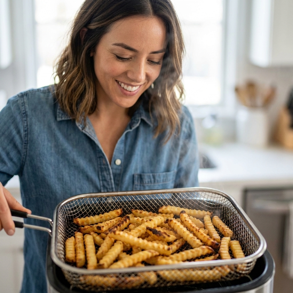 Crispy crinkle-cut fries in an air fryer basket with visible browned edges