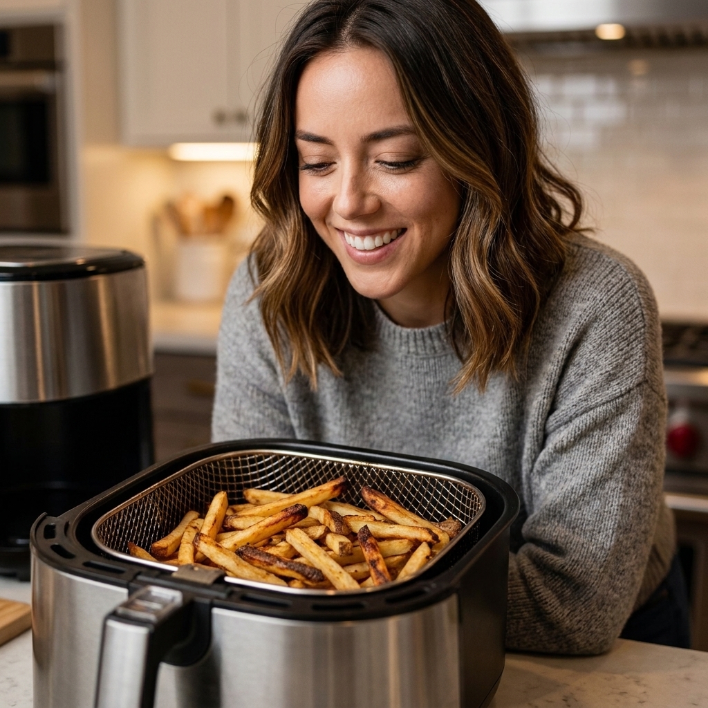 Crispy golden regular potato fries in an air fryer basket with a few fries showing browned edges