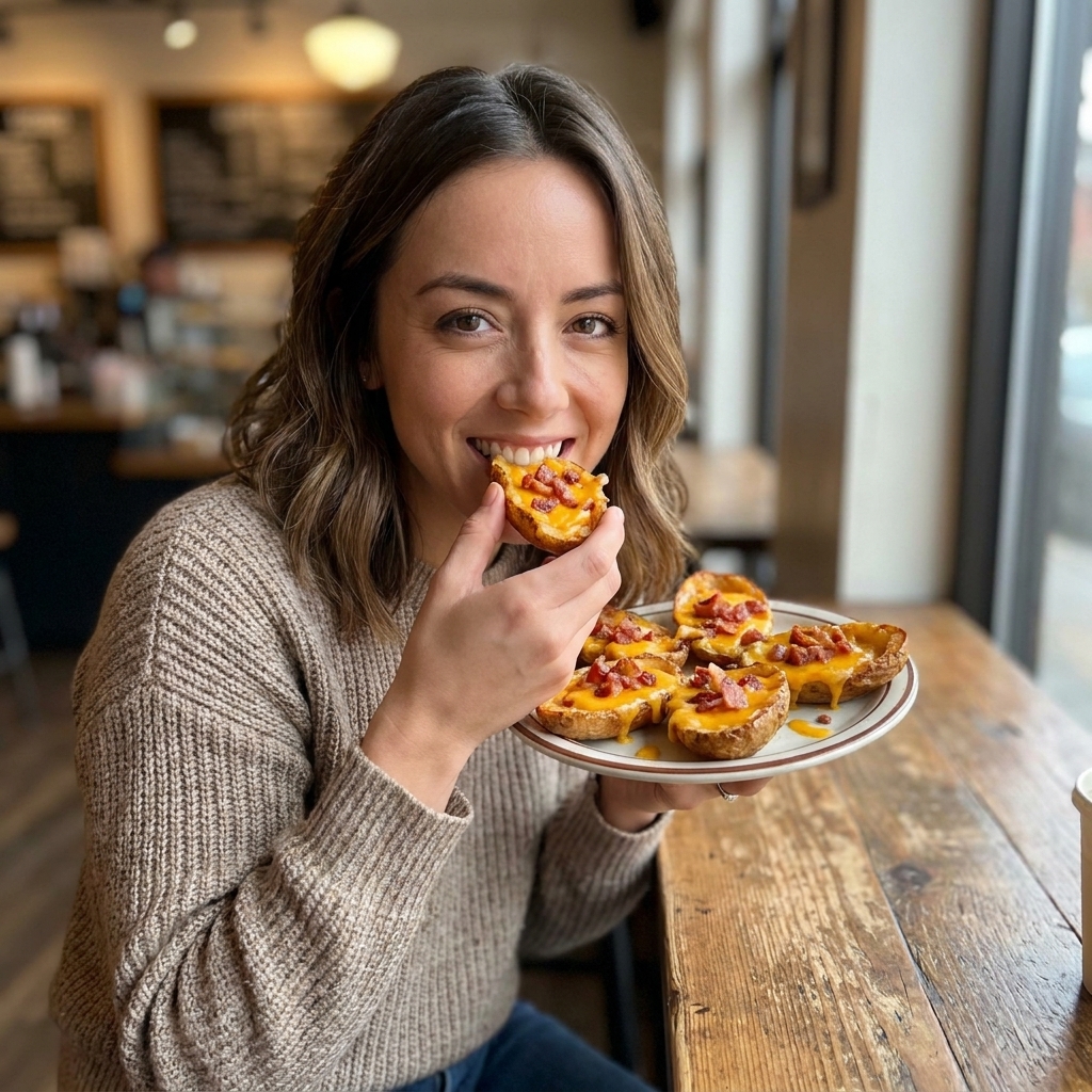 Crispy potato skins topped with melted cheddar and chopped bacon
