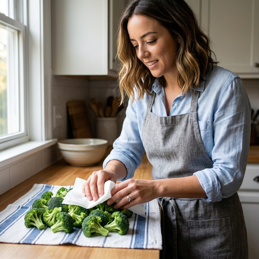 Fresh broccoli florets spread on a clean kitchen towel and patted dry with a paper towel before cooking