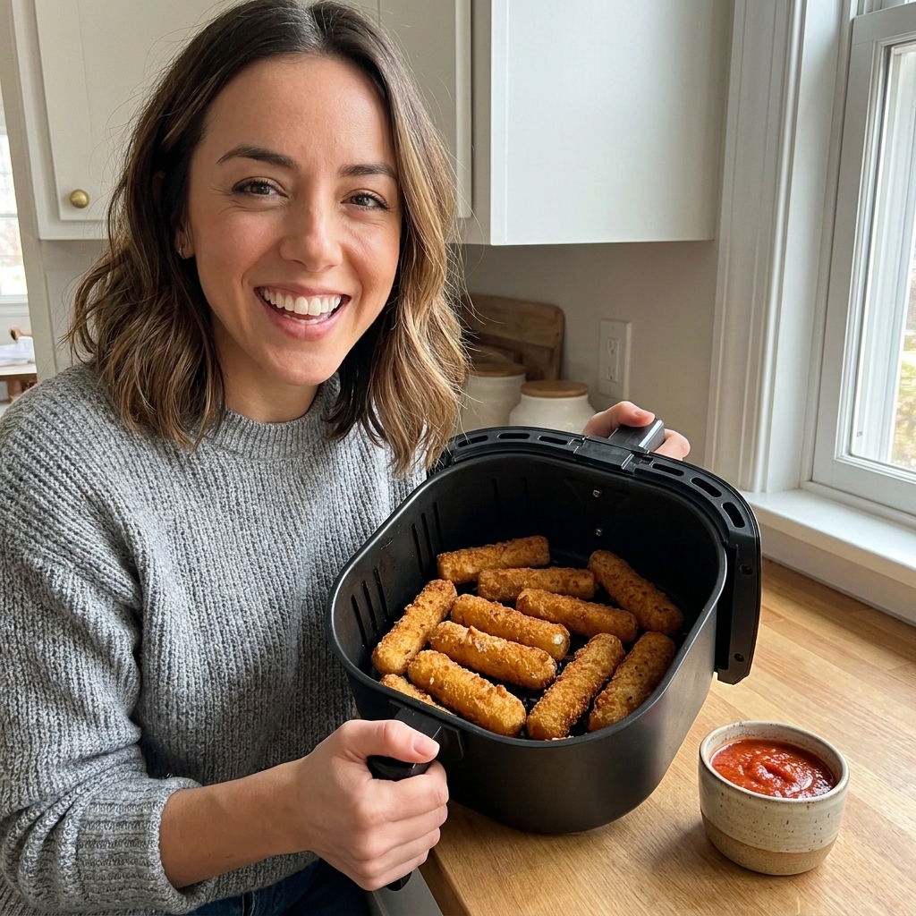 Golden brown mozzarella sticks in an air fryer basket with a small cup of marinara sauce nearby