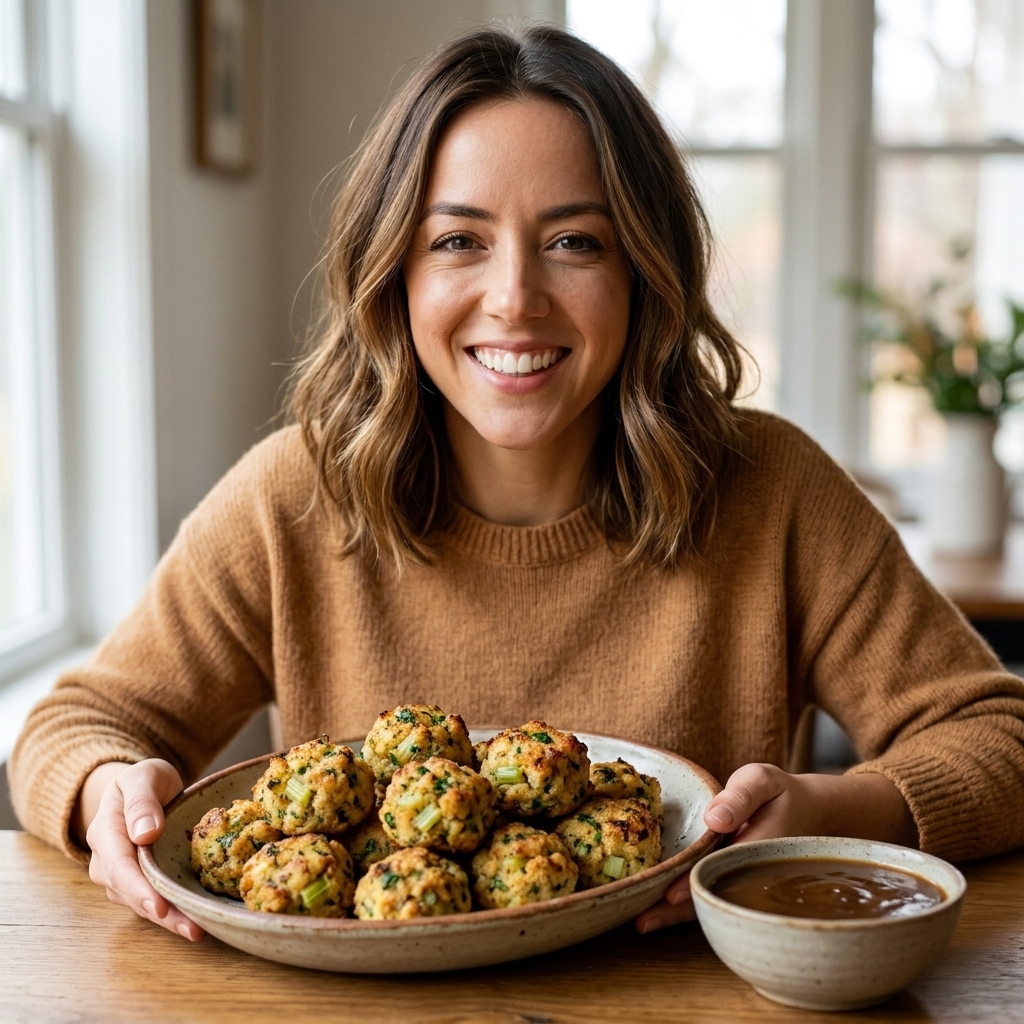 Golden brown stuffing balls with visible herbs and celery bits on a platter with a small bowl of gravy nearby
