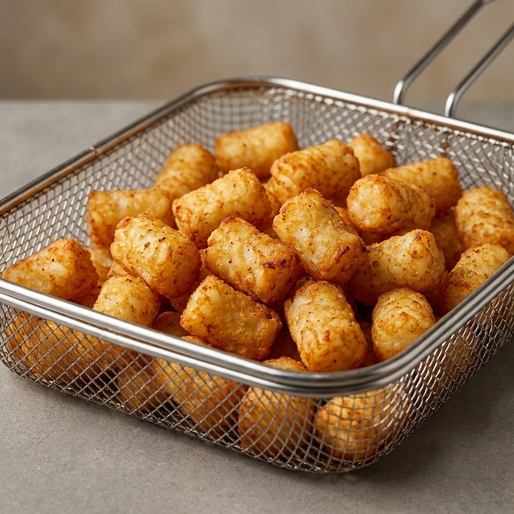 Golden brown tater tots piled in an air fryer basket with crisp, textured surfaces