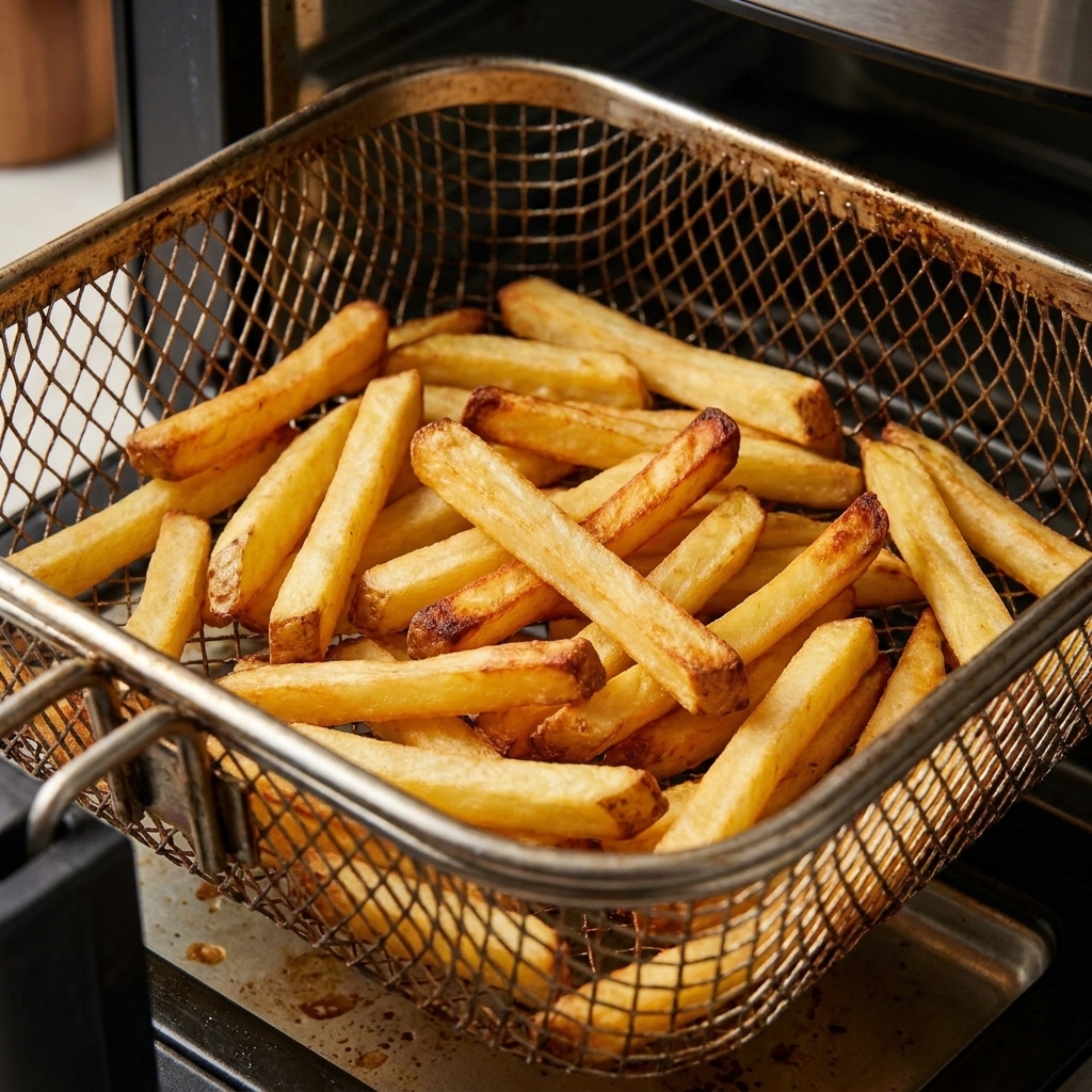 Golden french fries cooking in a bare air fryer basket with visible browning on the edges
