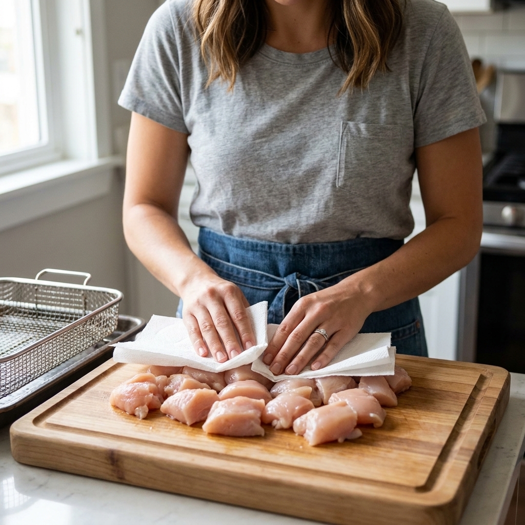 Hands patting bite-sized chicken pieces dry with paper towels on a cutting board before air frying.