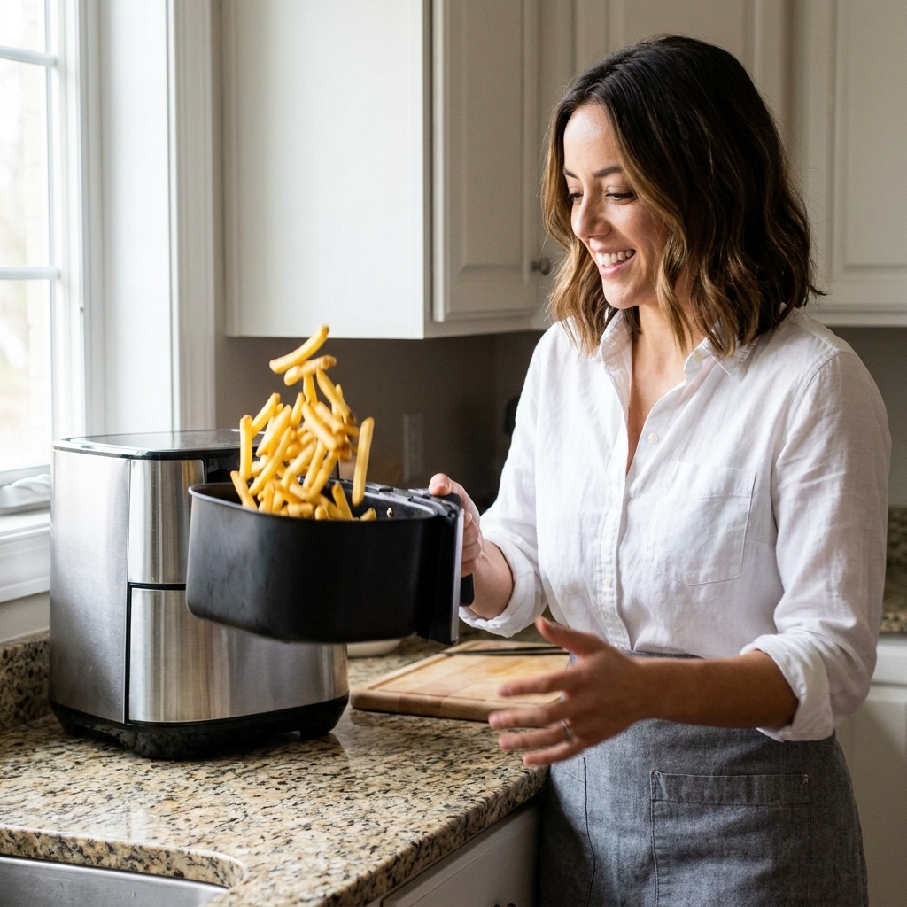 Hands shaking an air fryer basket filled with golden fries over a kitchen counter, mid-motion