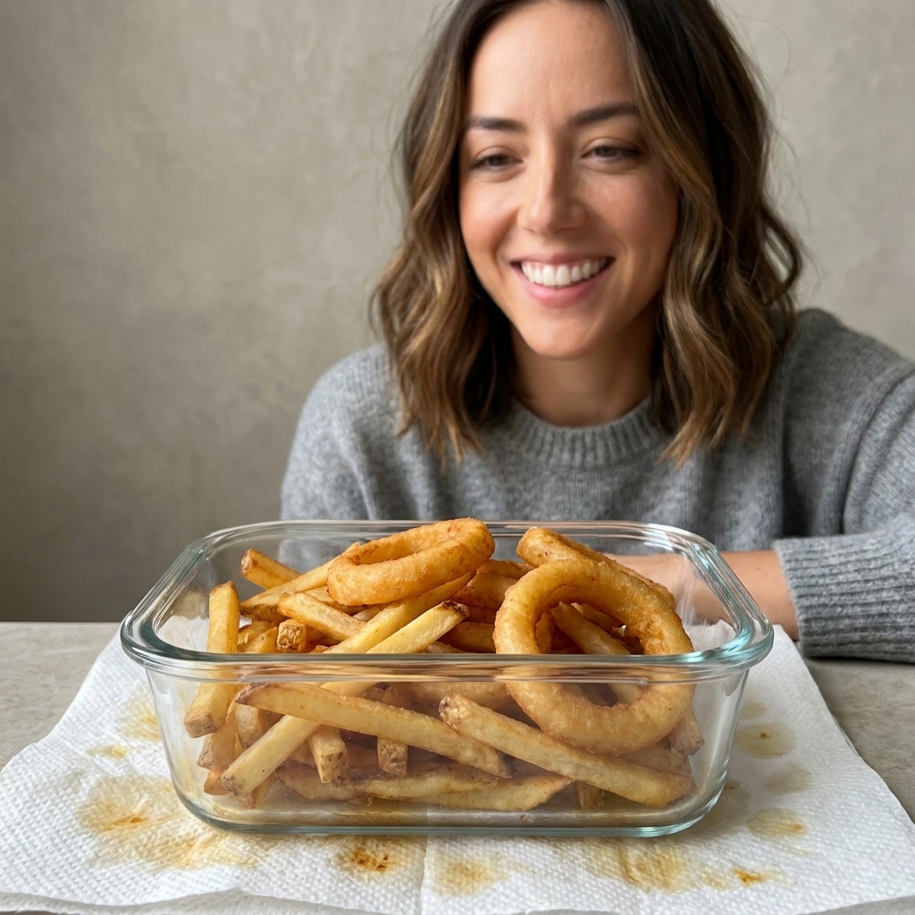 Leftover fried appetizers like fries and onion rings stored in a glass container lined with paper towels to absorb moisture