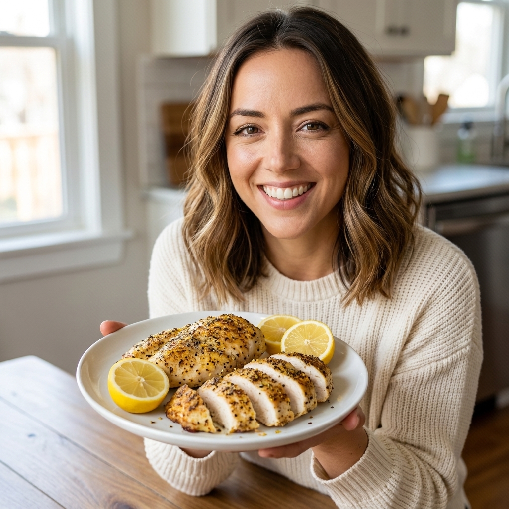 Lemon pepper air fryer chicken breast sliced with visible seasoning and served with lemon halves on a white plate.