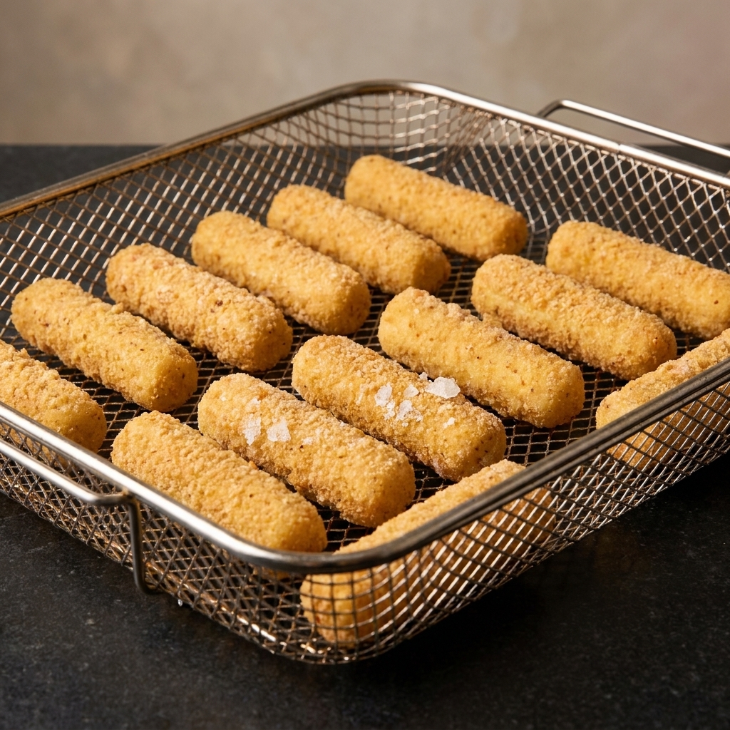 Mozzarella sticks arranged in a single layer inside an air fryer basket, evenly spaced for airflow