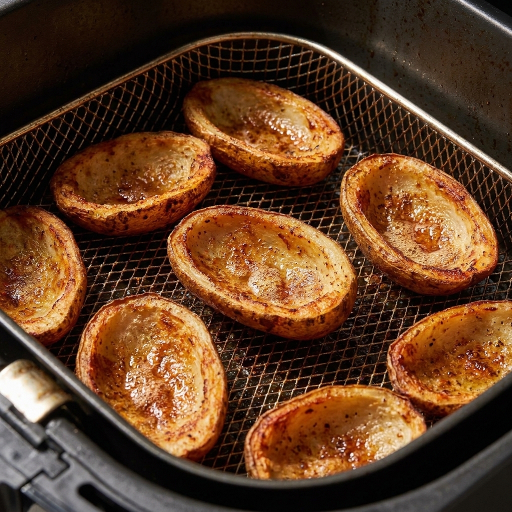 Potato skin halves crisping in an air fryer basket with browned edges