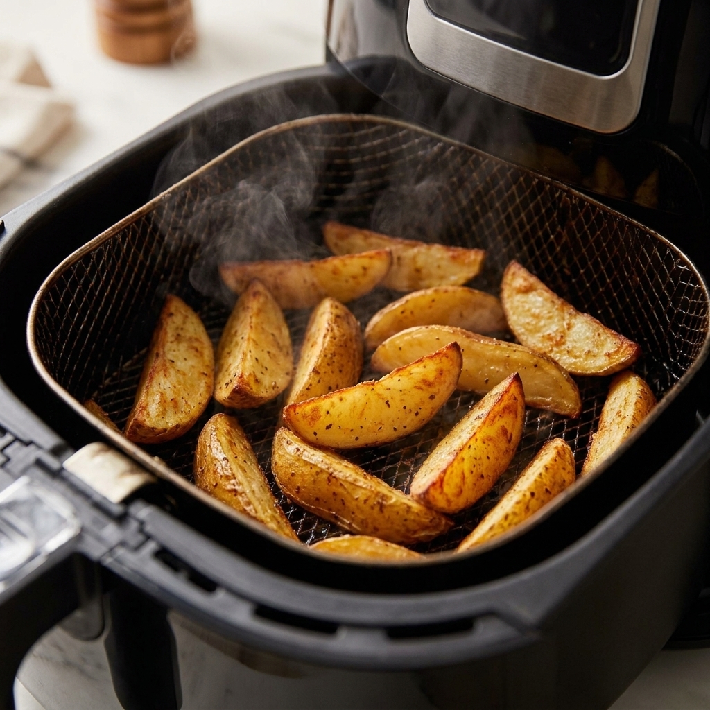Potato wedges cooking in a preheated air fryer basket, edges browning and sizzling