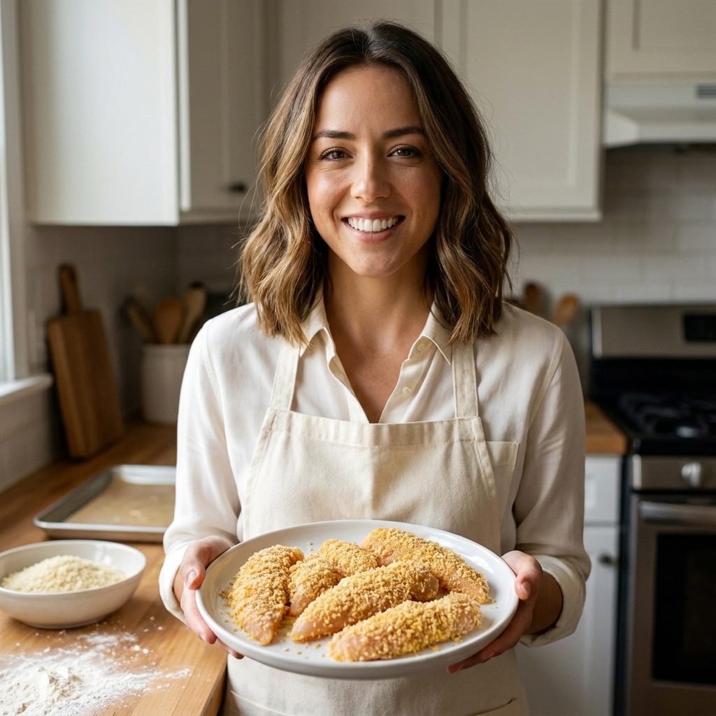 Raw chicken tenders fully coated in panko breadcrumbs on a plate, ready to be cooked