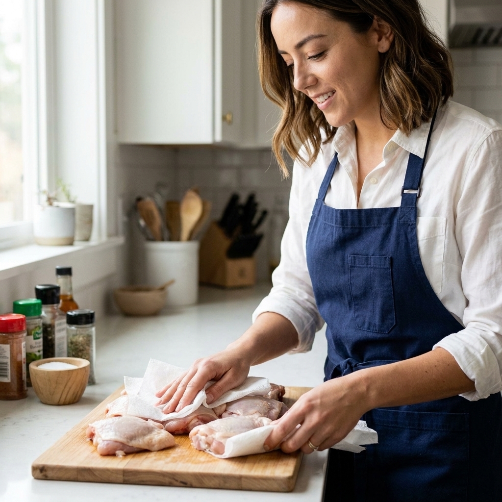 Raw chicken thighs on a cutting board being patted dry with paper towels before seasoning