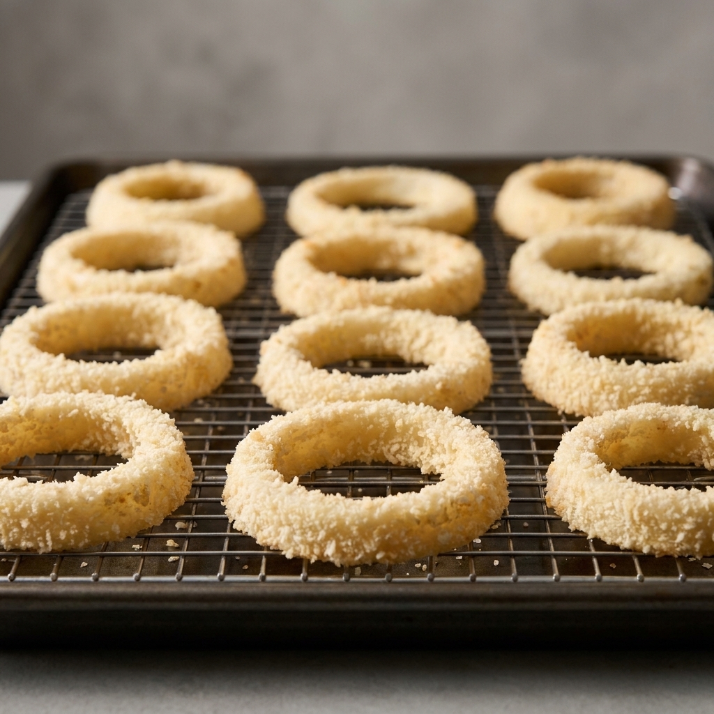 Raw panko-breaded onion rings arranged in a single layer on a wire rack over a sheet pan, ready to be air fried