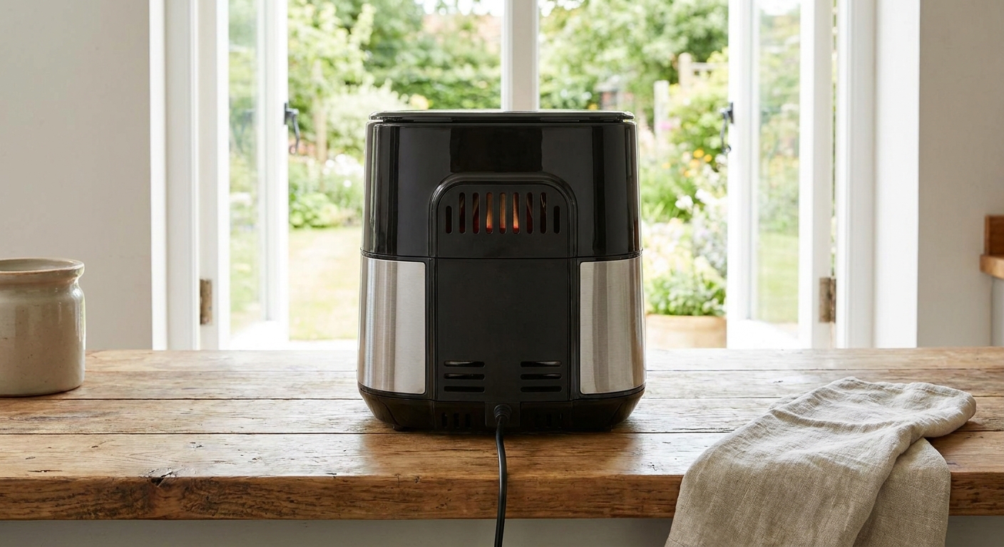 Rear view of a basket-style air fryer showing its vent area with clear open space behind it on a kitchen counter