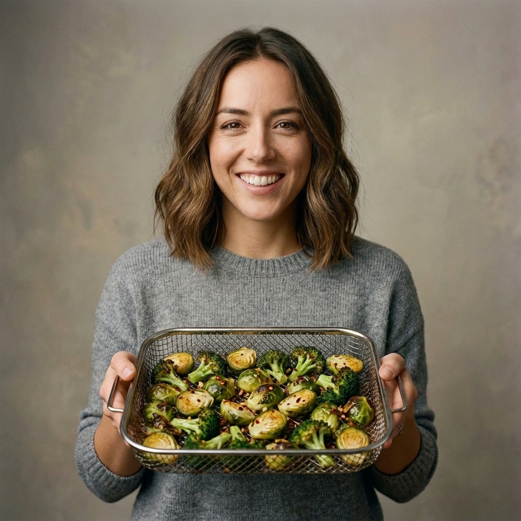 Roasted Brussels sprouts and broccoli florets in an air fryer basket, browned on the edges with visible seasoning