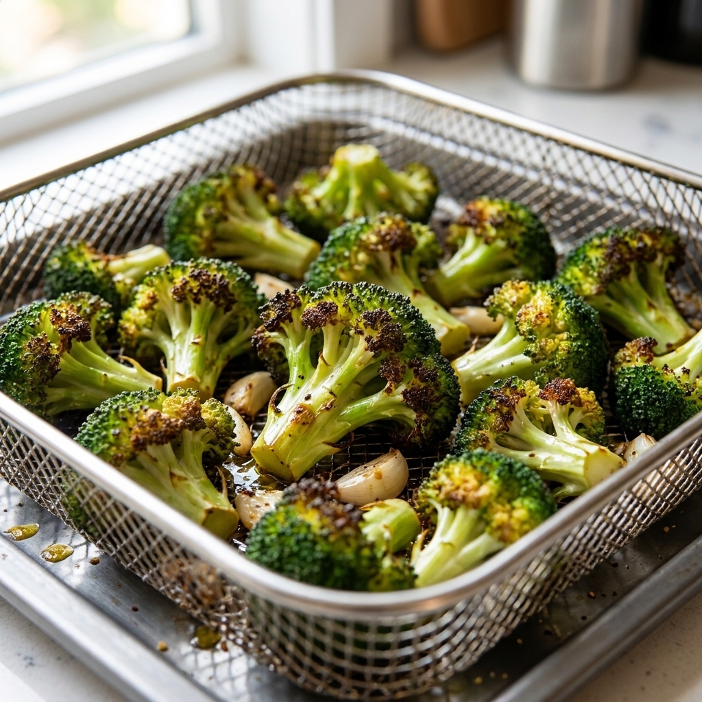 Roasted broccoli florets in an air fryer basket with browned edges and a light sheen of oil