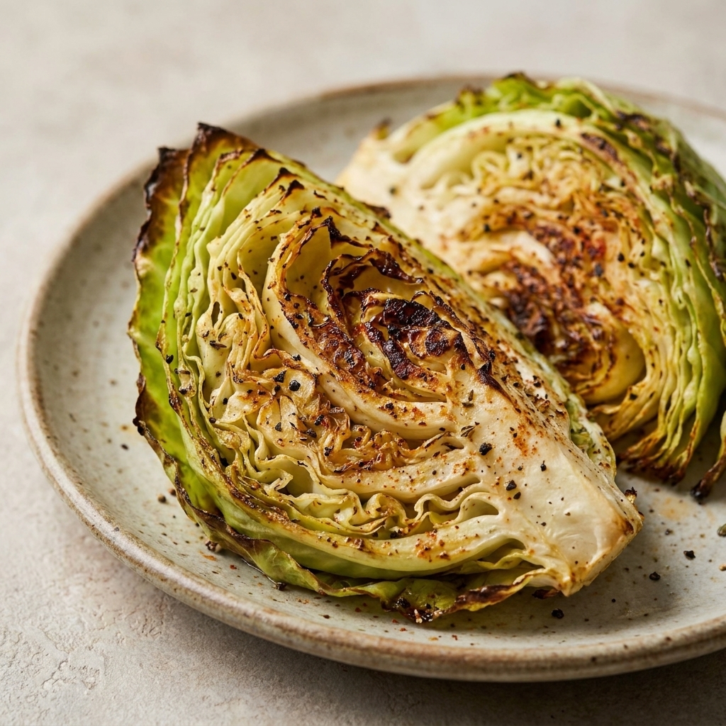 Roasted cabbage wedges with caramelized edges and seasoning on the surface