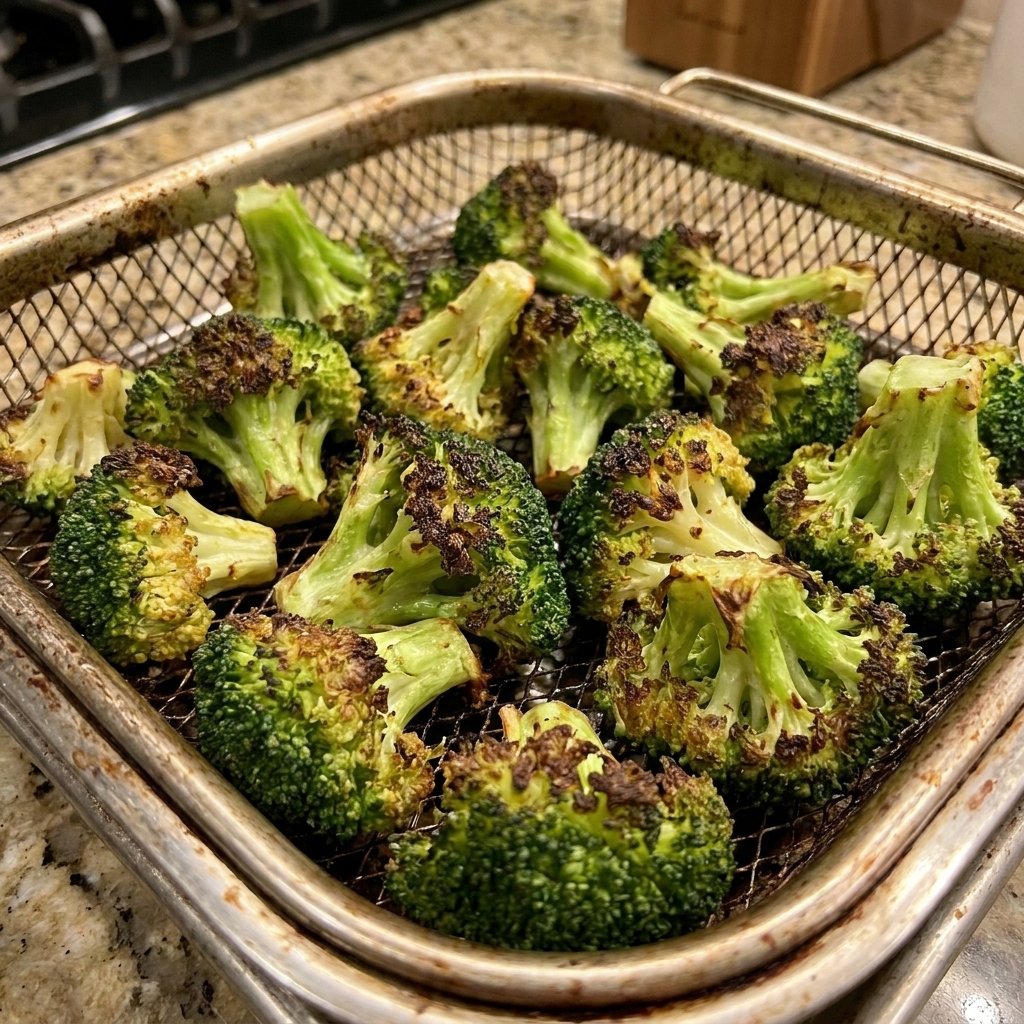 Roasted frozen broccoli florets in an air fryer basket with browned tips and lightly crisp edges