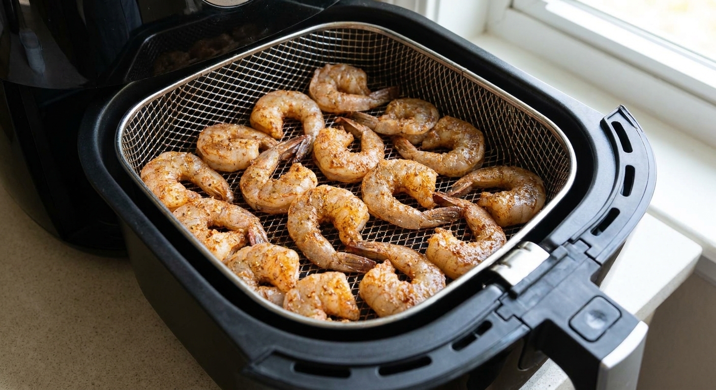 Seasoned shrimp arranged in a single layer in an air fryer basket just before cooking