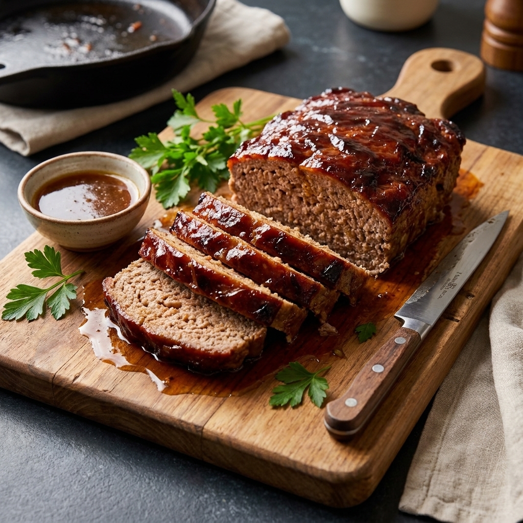 Several slices of glazed meatloaf fanned out on a wooden cutting board with juices resting nearby