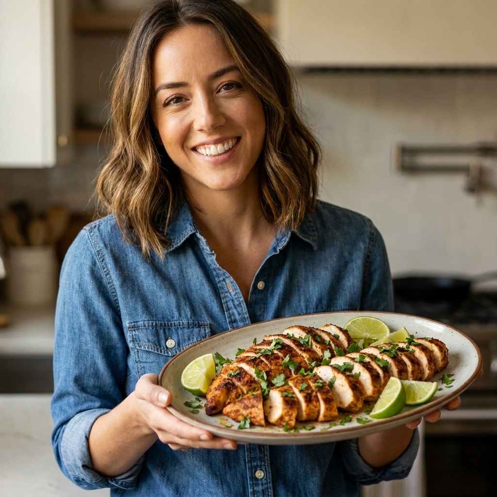 Sliced taco-seasoned air fryer chicken breast on a platter with lime wedges and cilantro.