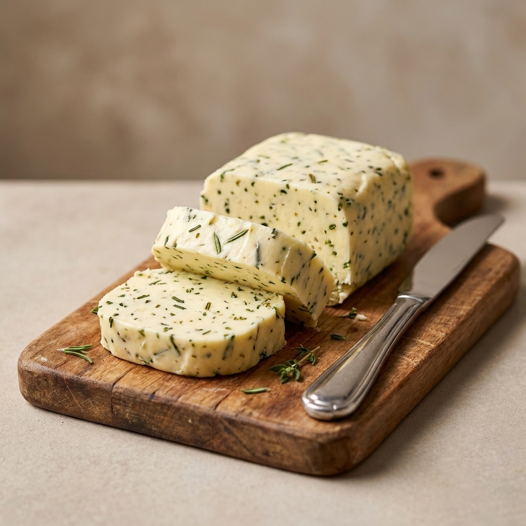 Slices of homemade compound butter with visible herbs on a small cutting board beside a butter knife