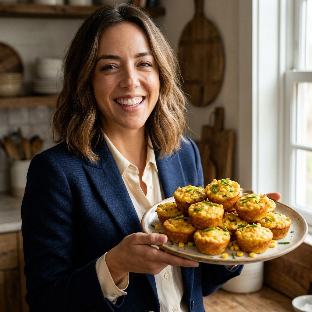 Small golden corn casserole bites stacked on a platter with a few kernels and herbs visible