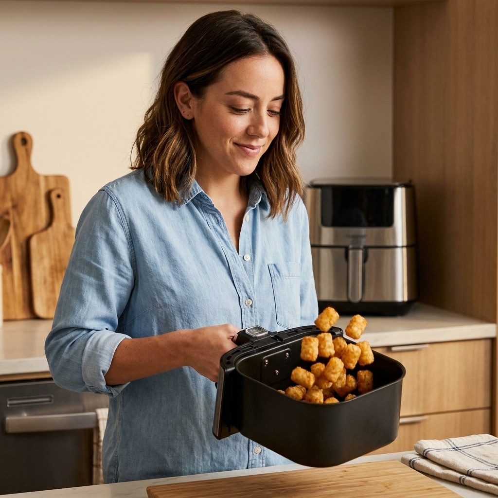 Someone gently shaking an air fryer basket drawer with tater tots tumbling inside.