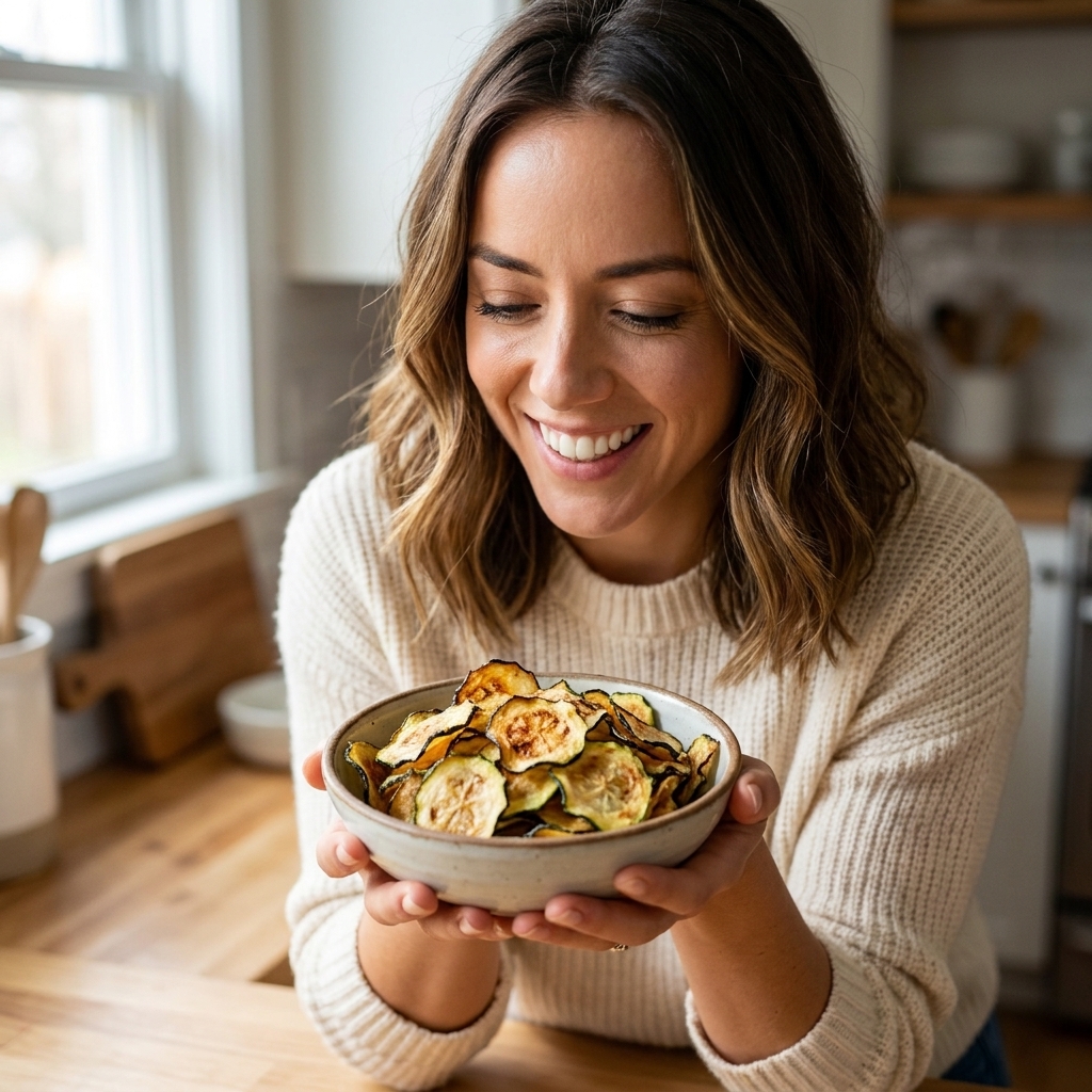 Thin, golden zucchini chips with browned edges piled in a small bowl