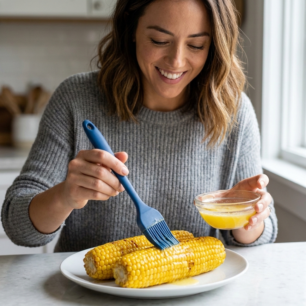 Two air-fried corn cobs on a plate being brushed with melted butter using a silicone pastry brush