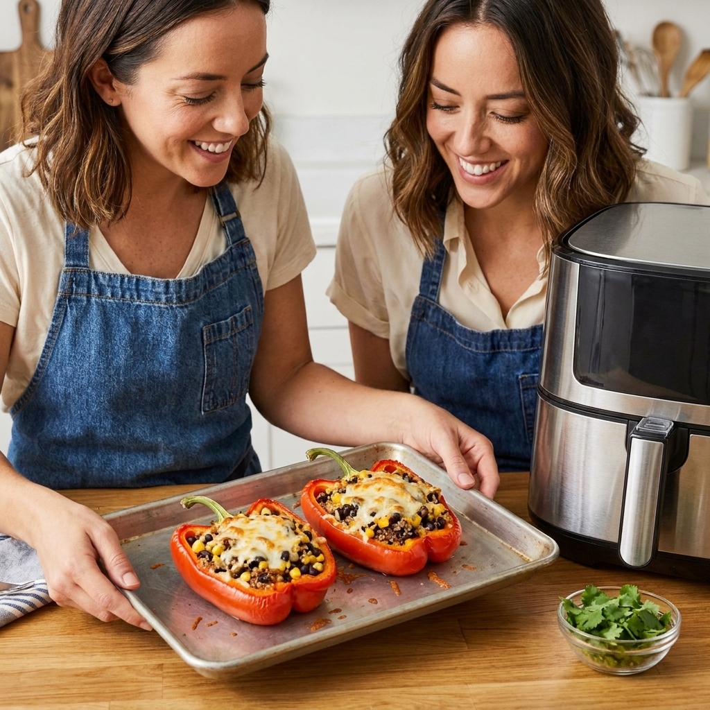 Two air-fried stuffed bell peppers filled with quinoa, black beans, corn, and melted cheese on a sheet pan