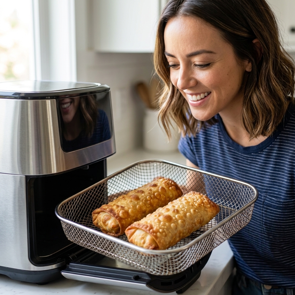 Two egg rolls turning golden brown in an air fryer basket with visible crisp blistering on the wrapper