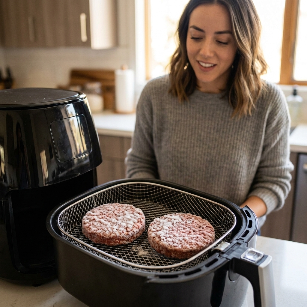 Two frozen hamburger patties placed in an air fryer basket before cooking, with visible frost on the surface