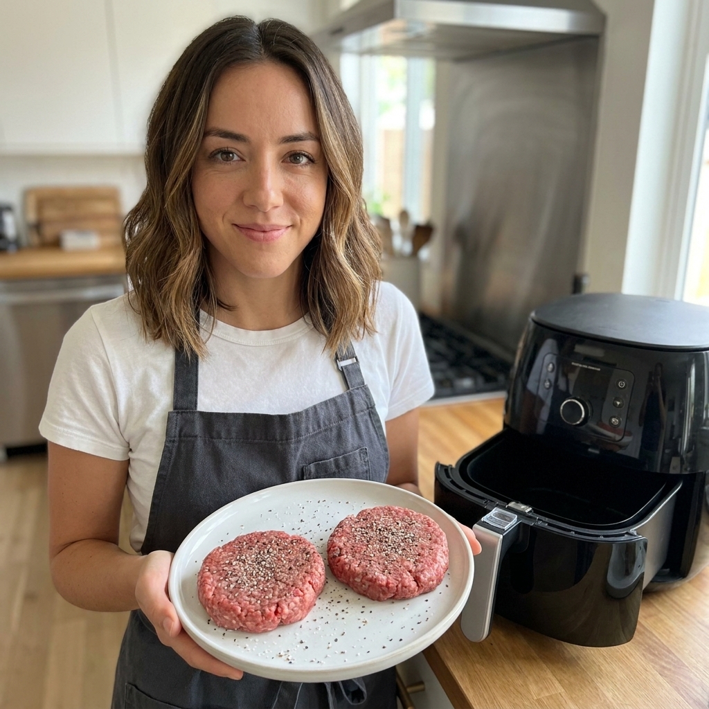 Two raw fresh ground beef patties on a plate, seasoned with salt and pepper, ready to go into an air fryer
