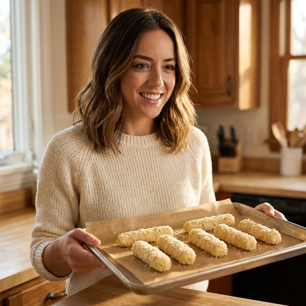 Uncooked breaded mozzarella sticks arranged in a single layer on a parchment-lined baking sheet